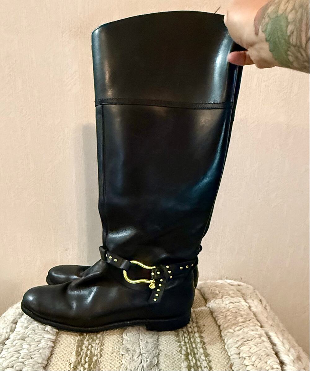 Sperry Top-Sider Black Leather Tall Riding Boots Gold Studded Size 10M